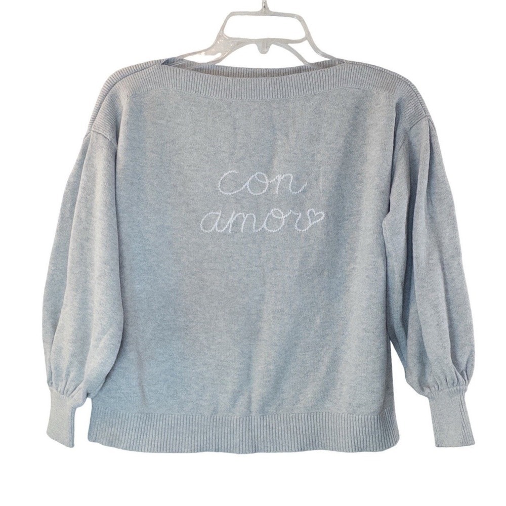 LOFT Women's XS Gray‎ Con Amor Embroidered Sweater Summer Coastal Aesthetic Boat